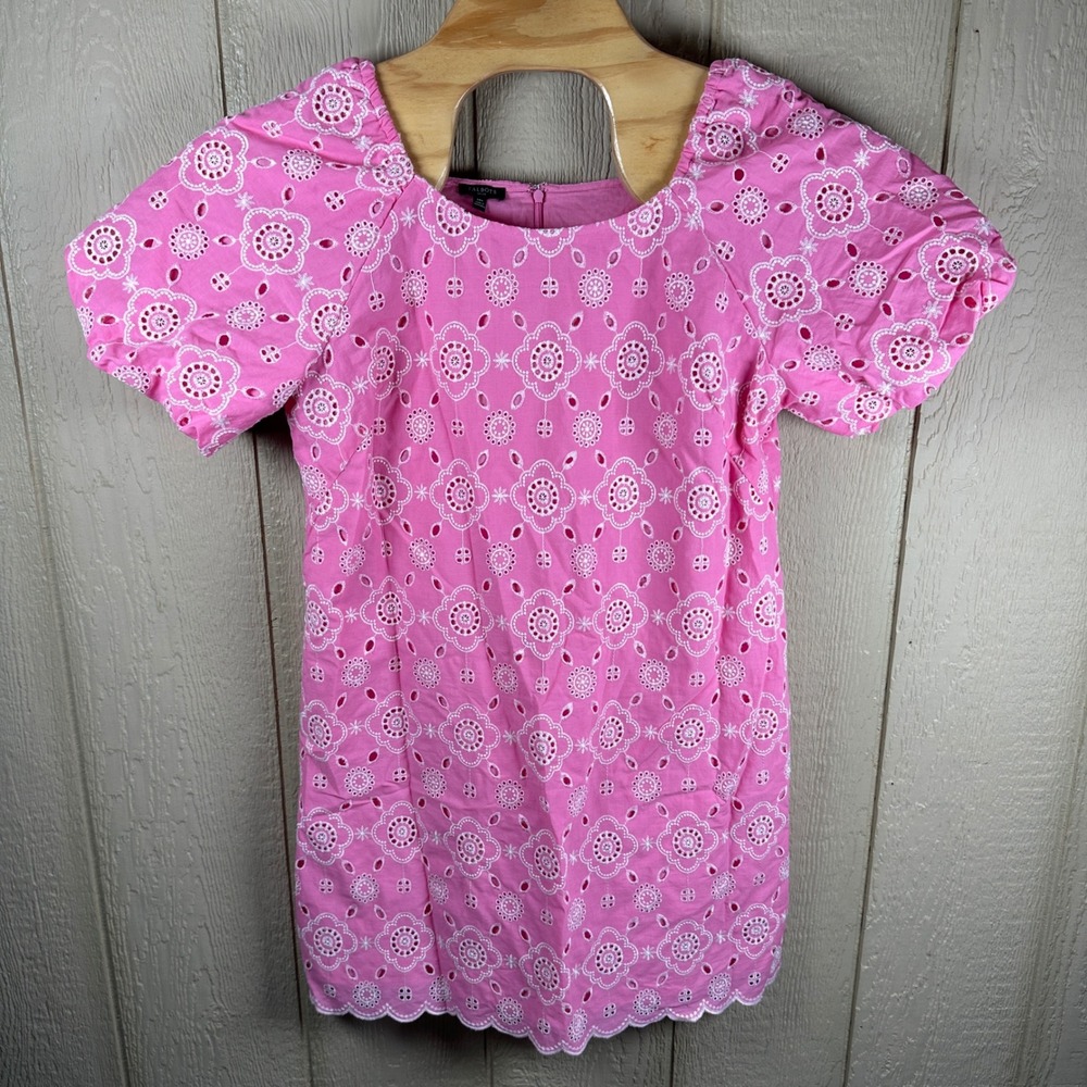 Talbots Eyelet Sheath Dress Sz 14P Pink Puff Sleeve Square Neck Cotton Scalloped